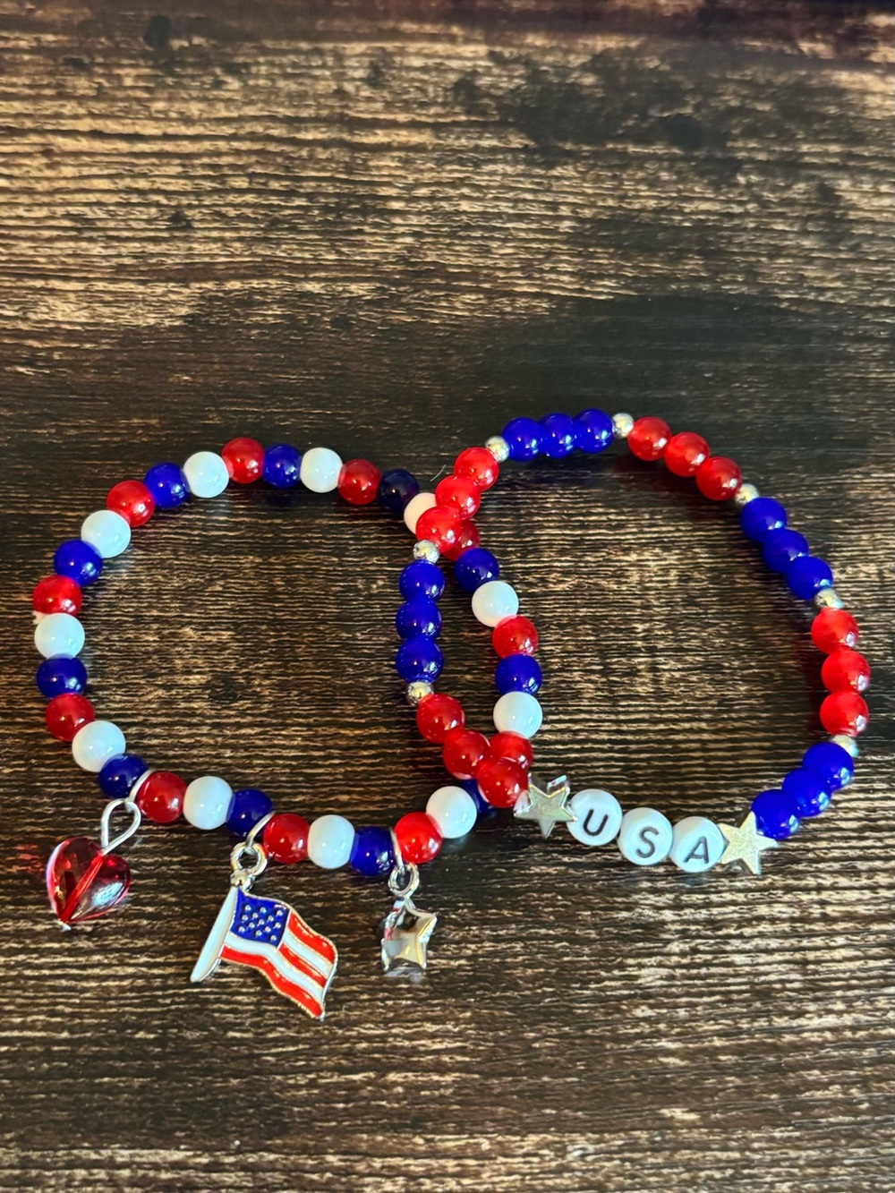 USA Red, White & Blue Charm Beaded Bracelets - Patriotic 2 pc Set in Silver Tone